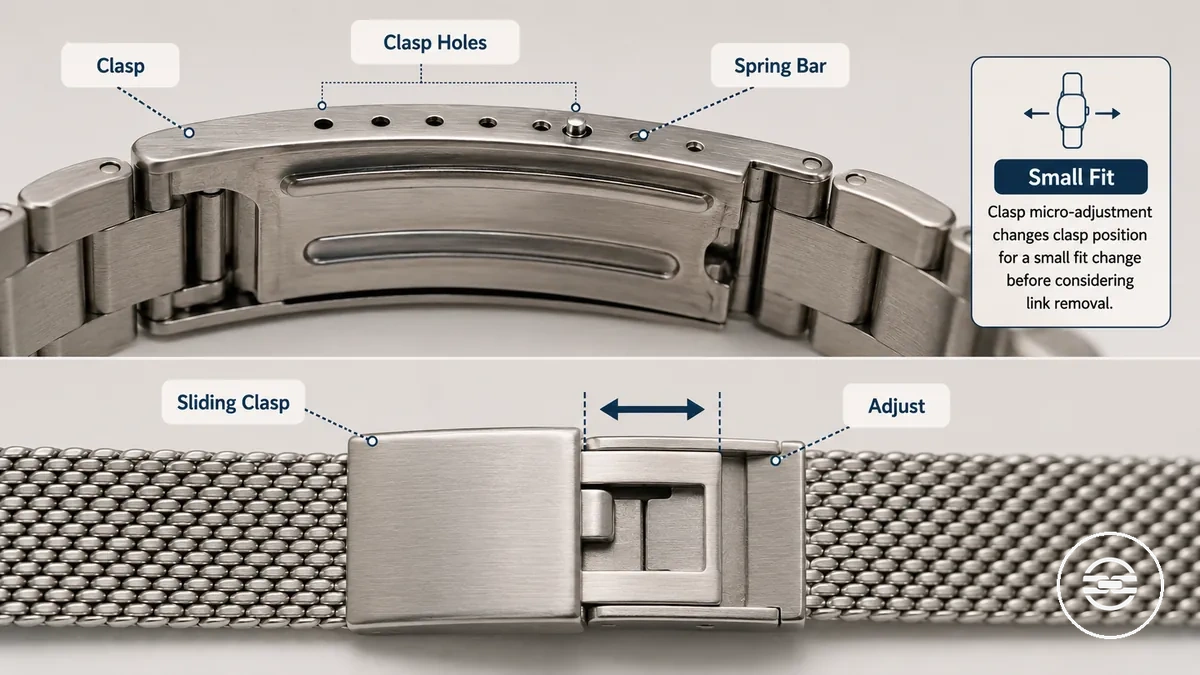 Trous de micro-ajustement du fermoir sur un bracelet métallique