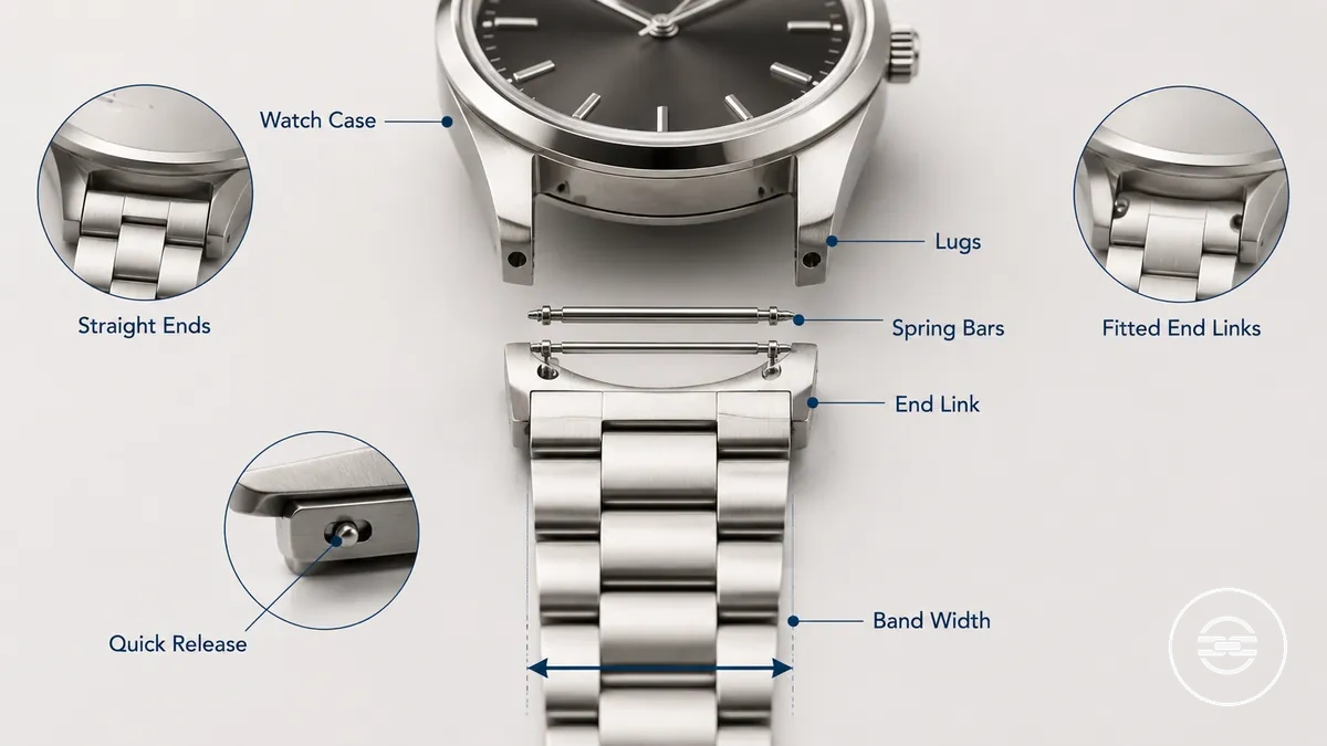 Cornes du boîtier de la montre et extrémité du bracelet métallique montrant où les barrettes à ressort se logent