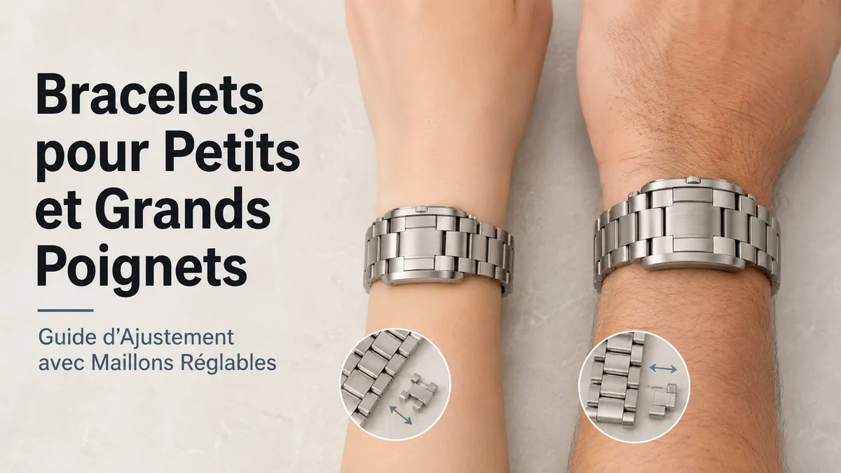 Bracelets métalliques pour montres portés sur petits et grands poignets avec maillons réglables