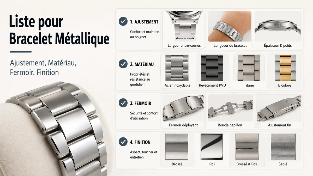 Liste d’achat pour bracelet métallique couvrant l’ajustement, le matériau, le fermoir et la finition