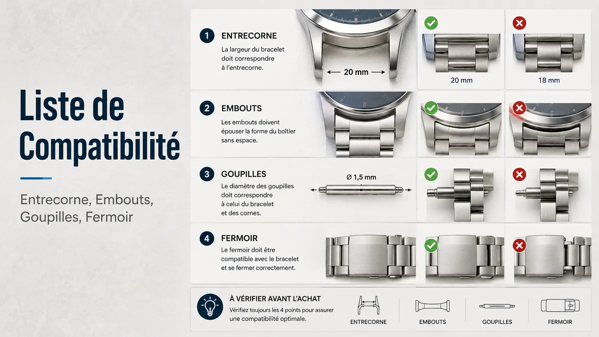 Contrôle de compatibilité d’un bracelet métallique avec largeur d’entrecorne, embouts, goupilles et ajustement du fermoir