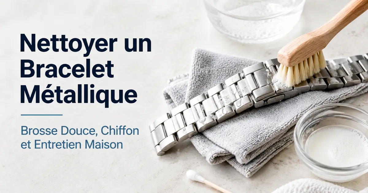 Nettoyage d’un bracelet métallique avec une brosse douce, un chiffon et des accessoires d’entretien adaptés