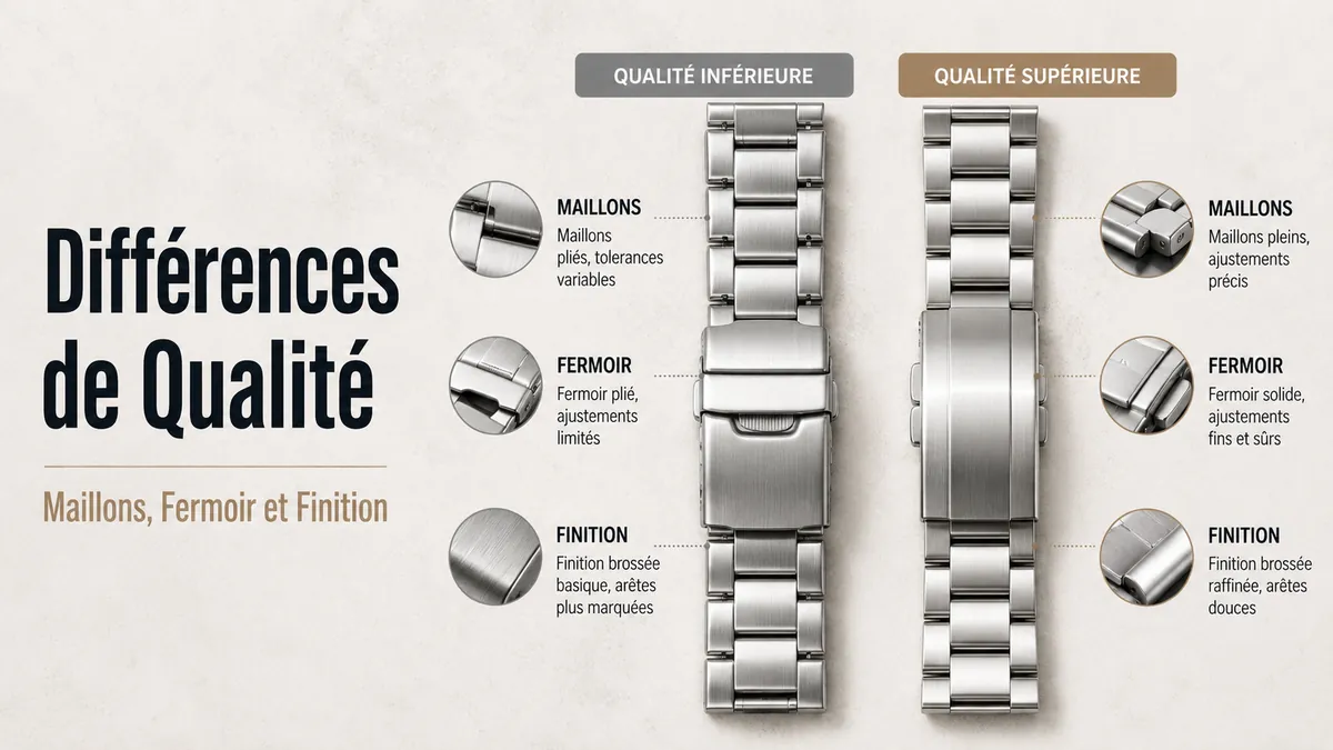 Bracelets métalliques pas chers et premium comparés selon les maillons, la qualité du fermoir et la finition