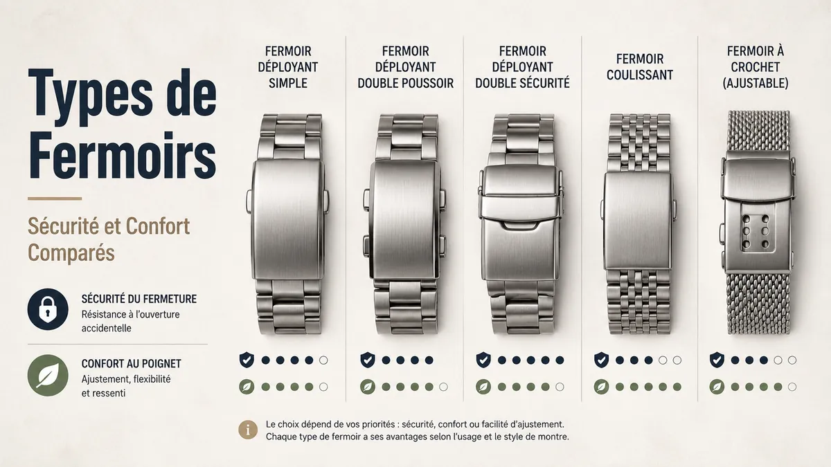 Types de fermoirs pour bracelets métalliques de montres comparés selon la sécurité de fermeture et le confort au poignet