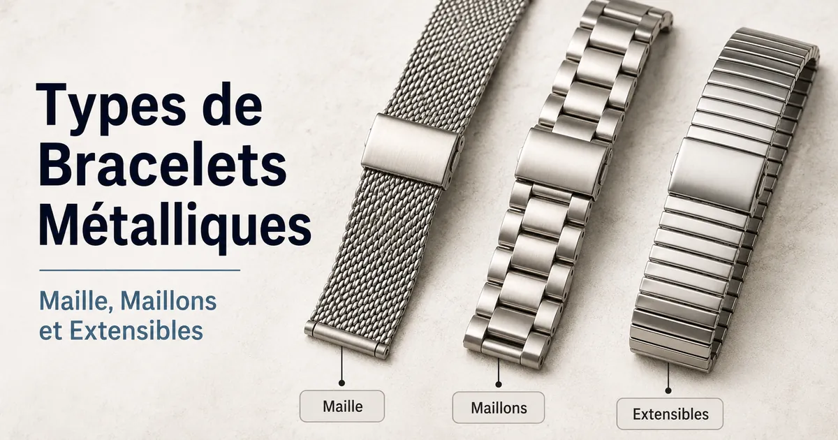 Différents types de bracelets métalliques pour montres, dont les modèles à maille, à maillons et extensibles