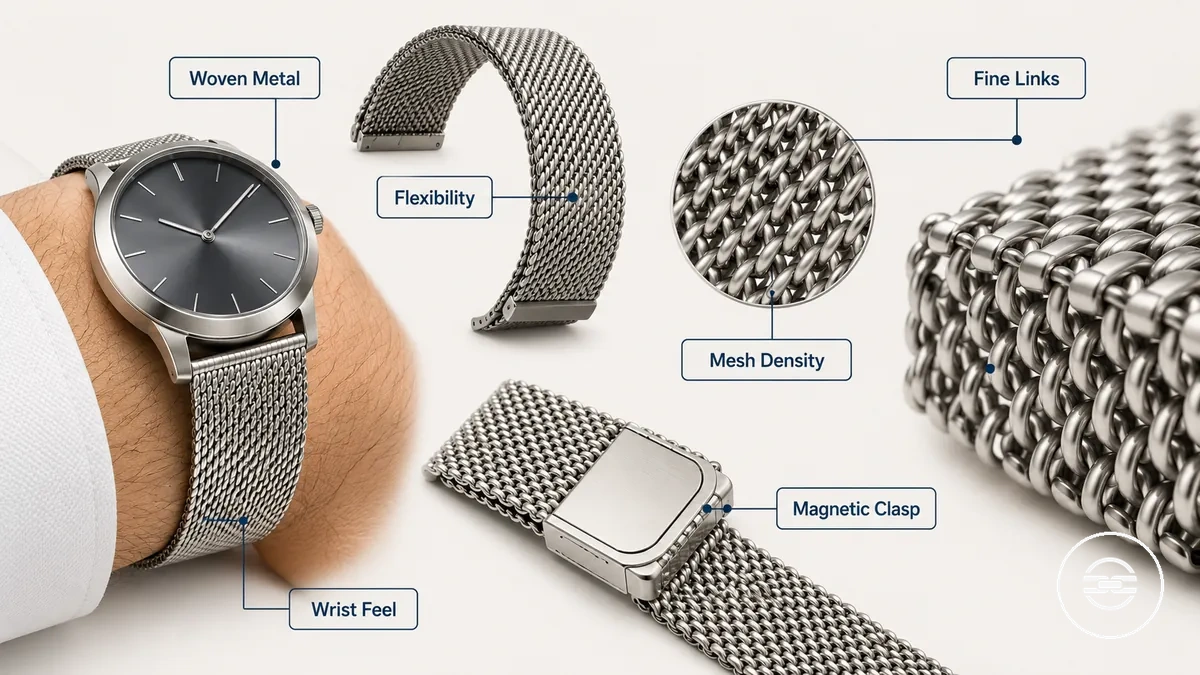 Comparação anotada da construção de pulseiras metálicas de malha e milanesa