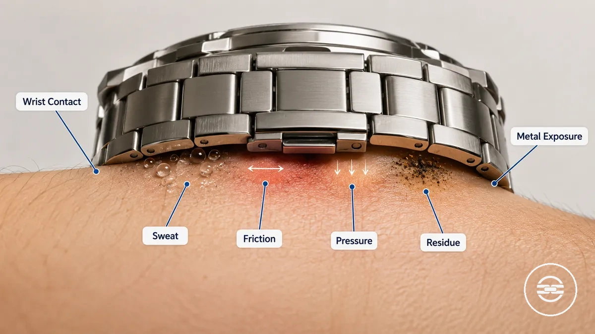 diagrama dos pontos de contato da pulseira metálica que podem irritar a pele sensível