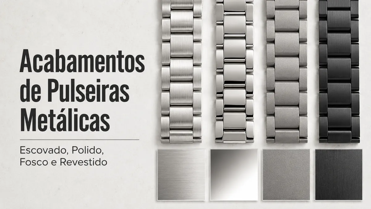 Acabamentos de pulseiras metálicas para relógio, com superfícies escovadas, polidas, foscas e revestidas
