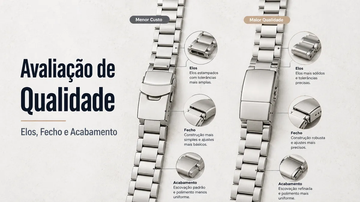 Pulseiras metálicas para relógio baratas e premium comparadas por elos, qualidade do fecho e acabamento