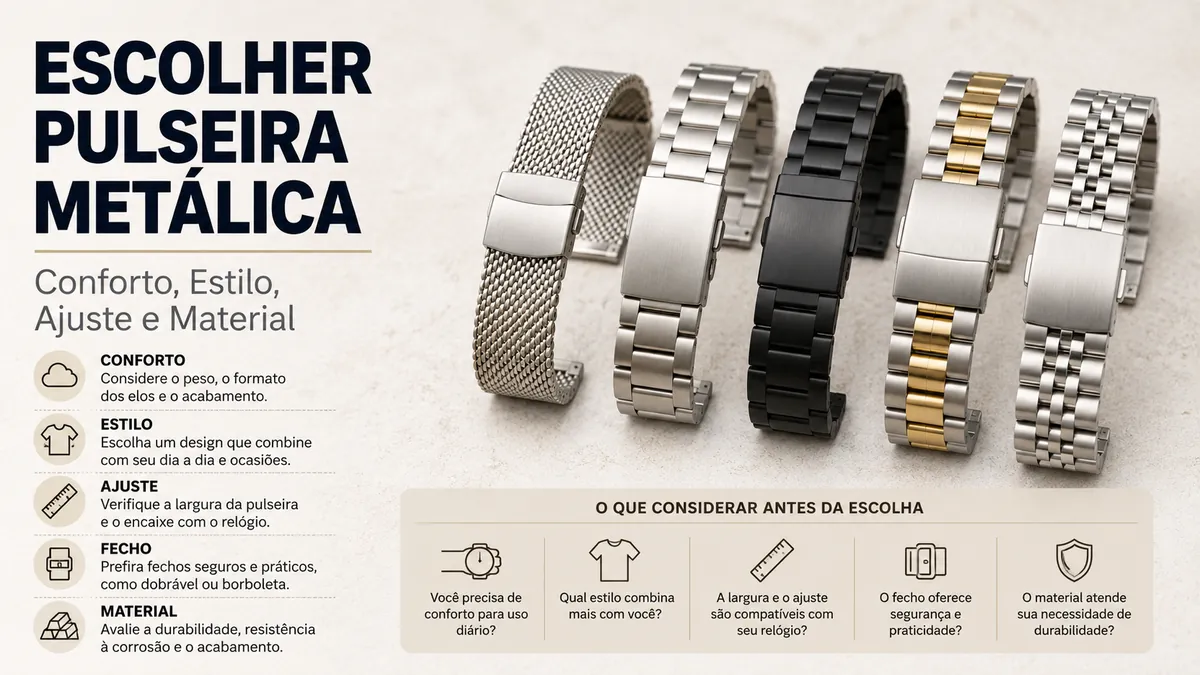 Escolha de uma pulseira metálica para relógio por conforto, estilo, ajuste, fecho e material