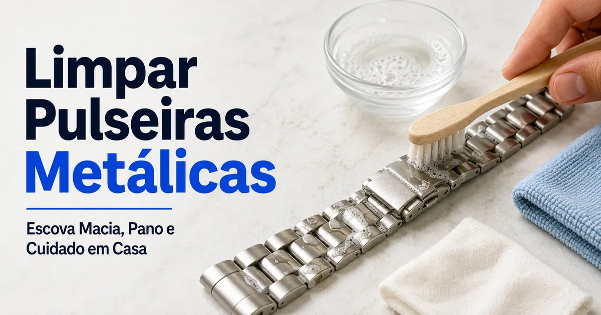 Limpeza de uma pulseira metálica para relógio com escova macia, pano e itens de cuidado doméstico