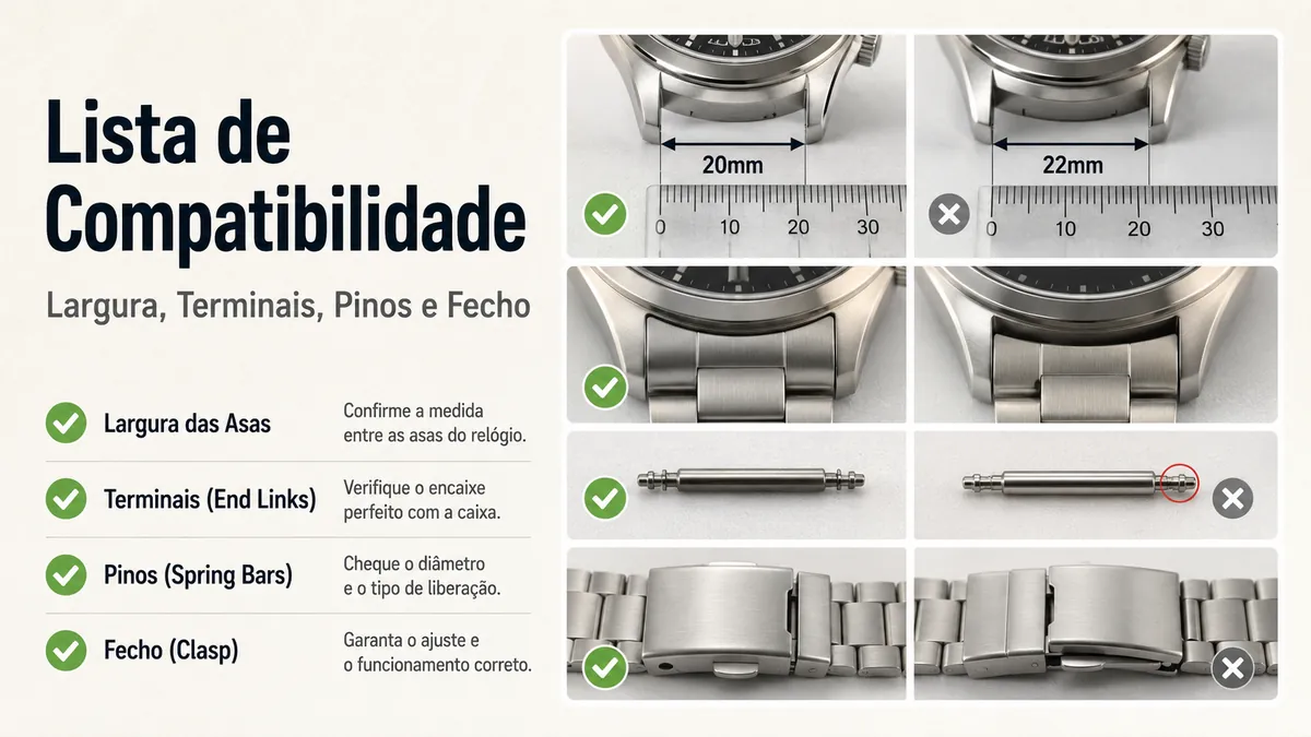 Verificação de compatibilidade de uma pulseira metálica para relógio com largura entre asas, terminais, pinos e fecho