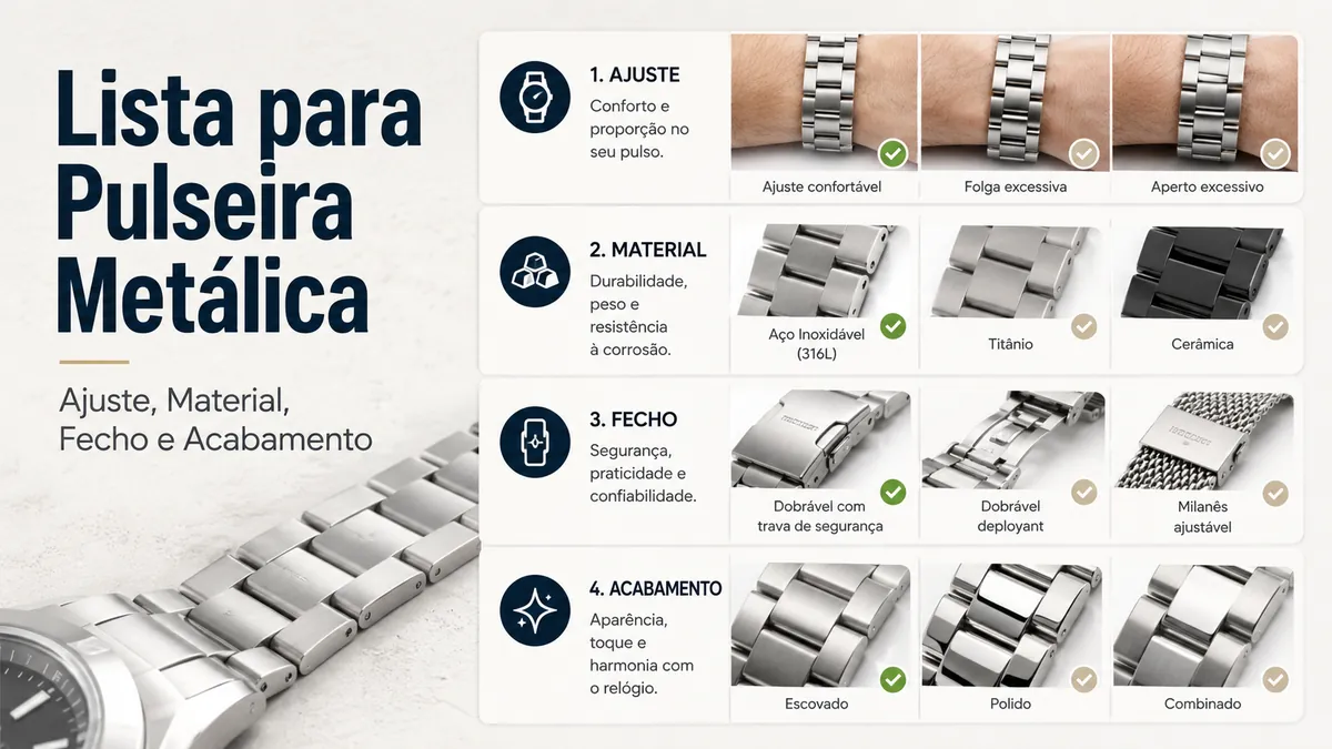 Lista de compra para pulseira metálica de relógio com ajuste, material, fecho e acabamento