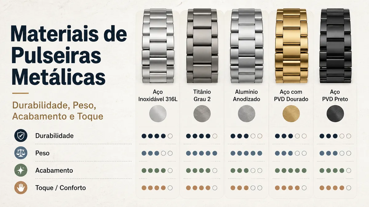 Materiais de pulseiras metálicas para relógio comparados por durabilidade, peso, acabamento e toque