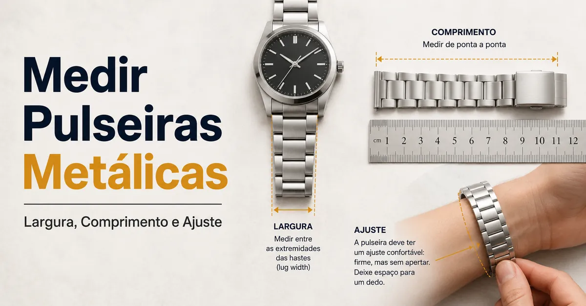 Medição de uma pulseira metálica para relógio por largura entre asas, comprimento e ajuste no pulso