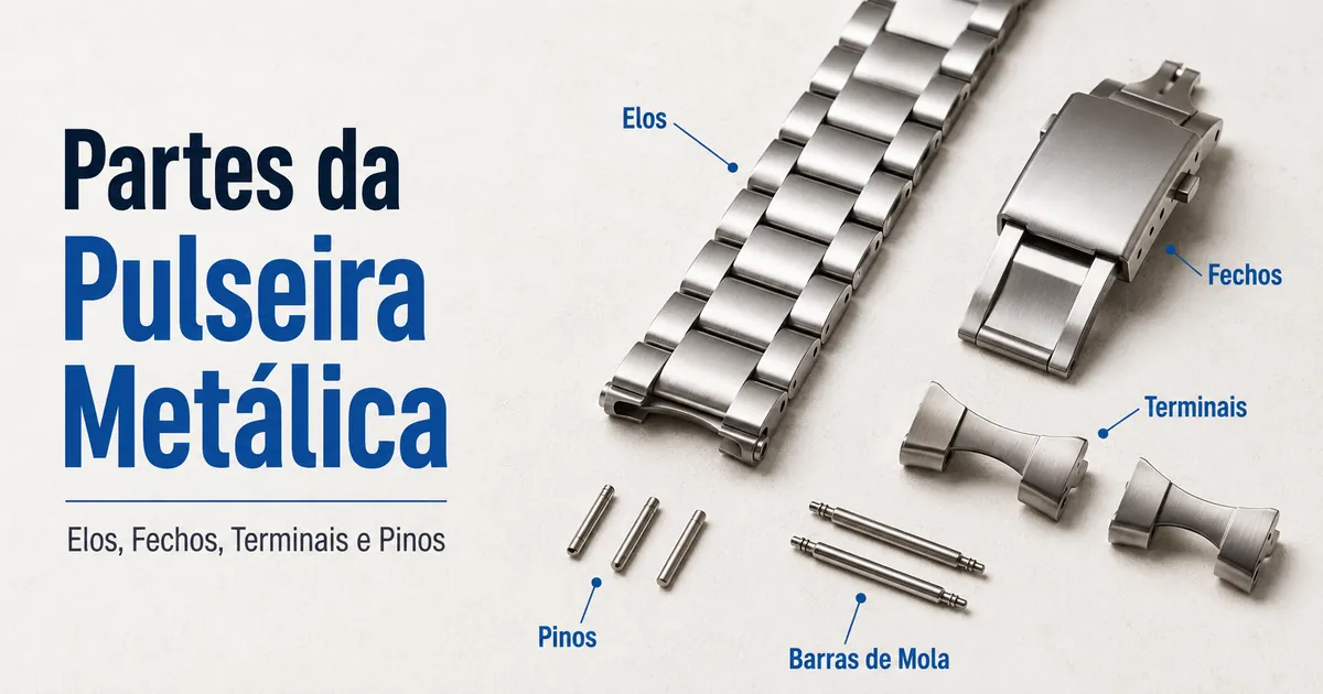 Partes de uma pulseira metálica para relógio com elos, fecho, terminais, pinos e barras de mola