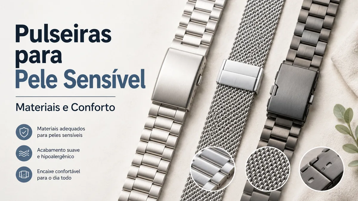 Pulseiras metálicas para relógio indicadas para pele sensível, com acabamento liso e fecho confortável