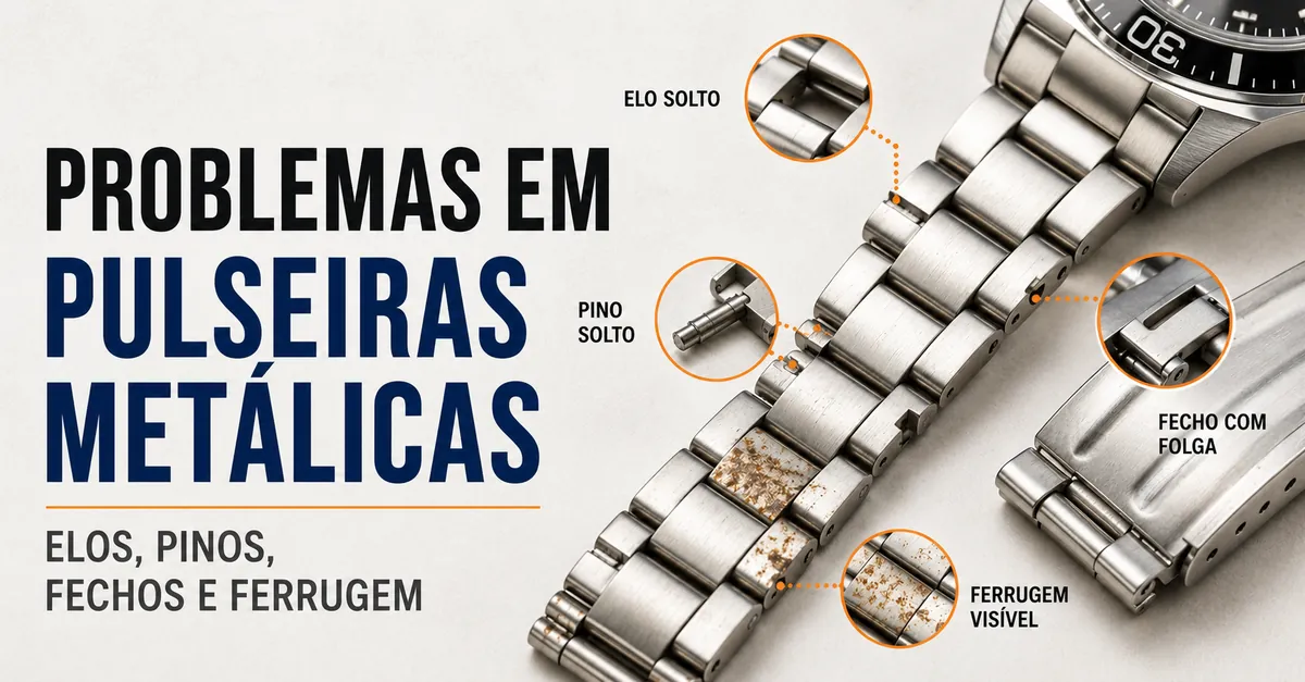 Solução de problemas em pulseiras metálicas para relógio com elos soltos, pinos, fechos e pontos de ferrugem