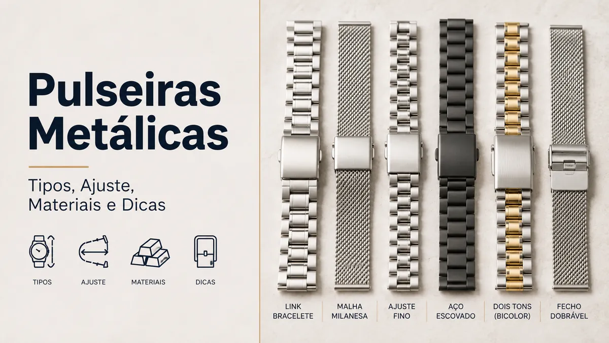 Pulseiras metálicas para relógio com diferentes tipos, ajustes, materiais e estilos de fecho