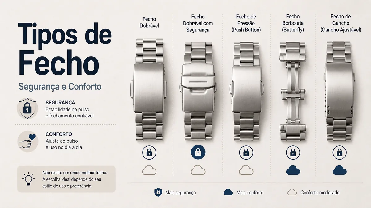 Tipos de fecho para pulseiras metálicas de relógio comparados por segurança e conforto no pulso