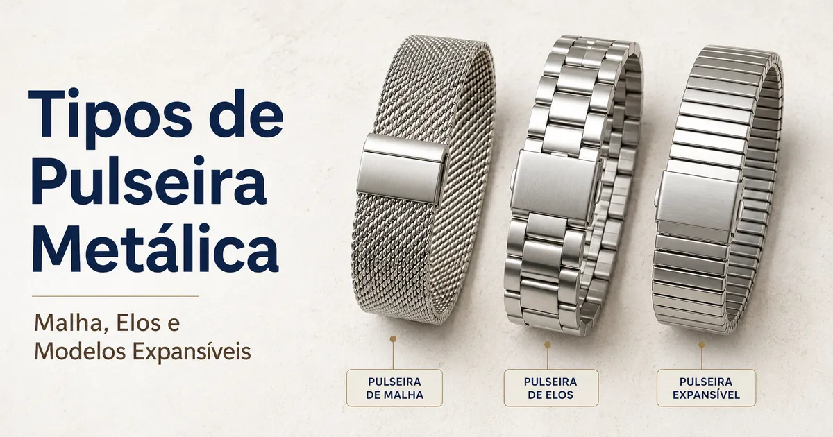 Tipos de pulseira metálica para relógio, com malha, elos e modelos expansíveis