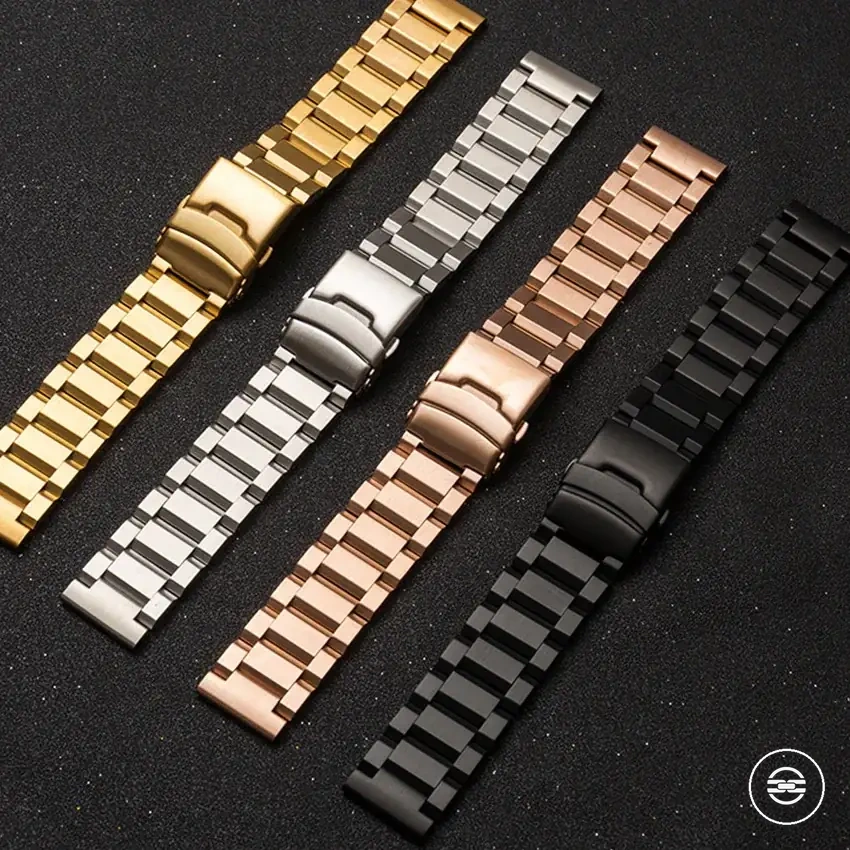 Siyah, gümüş ve rose gold paslanmaz çelik metal baklalı saat kordonu