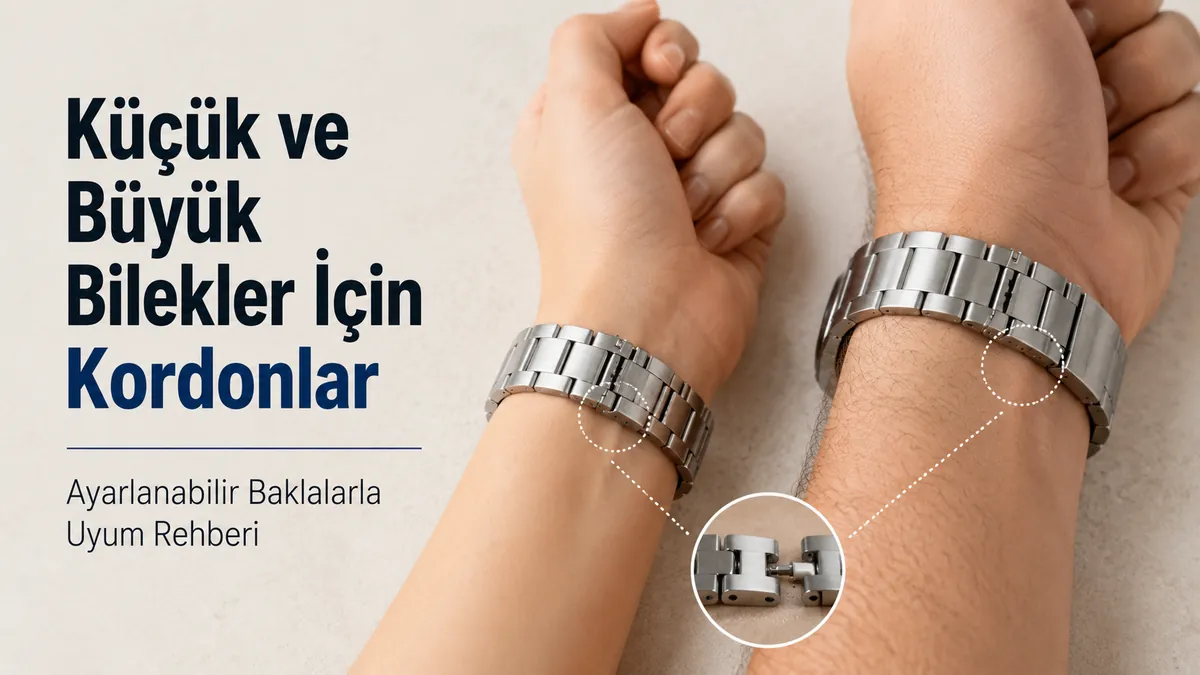 Ayarlanabilir baklalarla küçük ve büyük bileklere takılmış metal saat kordonları