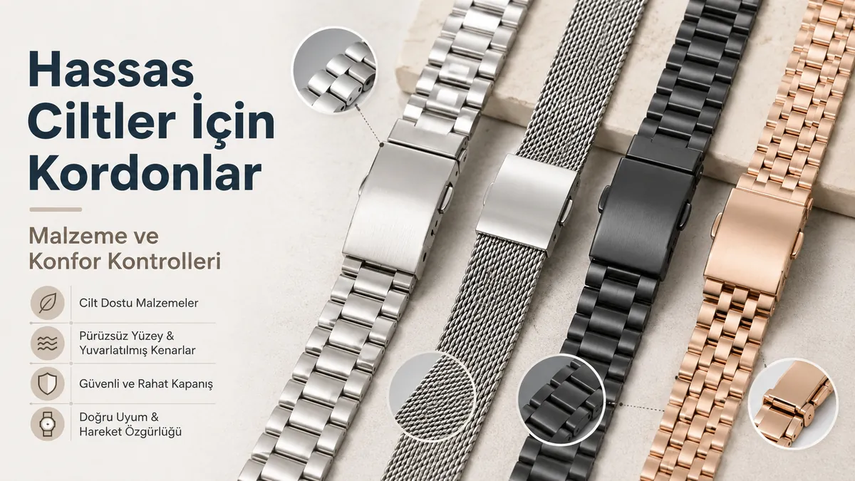 Pürüzsüz yüzey ve rahat toka uyumuyla hassas ciltlere uygun metal saat kordonları