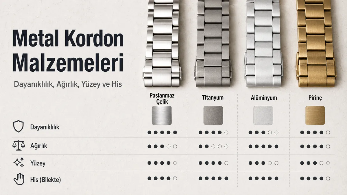 Dayanıklılık, ağırlık, yüzey ve kullanım hissine göre karşılaştırılan metal saat kordonu malzemeleri