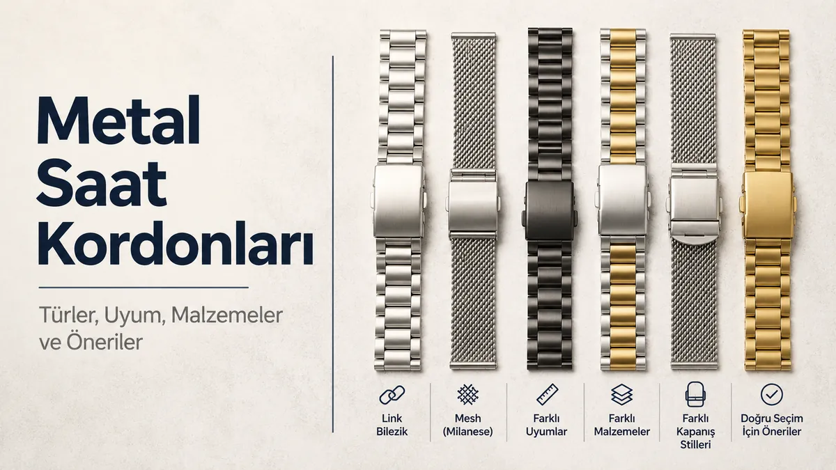 Farklı tür, uyum, malzeme ve toka stillerine sahip metal saat kordonları