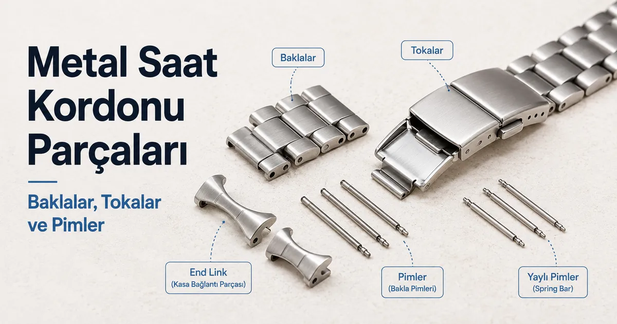Baklalar, toka, uç bağlantılar, pimler ve yaylı miller içeren metal saat kordonu parçaları