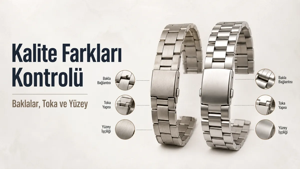 Baklalar, toka kalitesi ve yüzey açısından karşılaştırılan ucuz ve premium metal saat kordonları