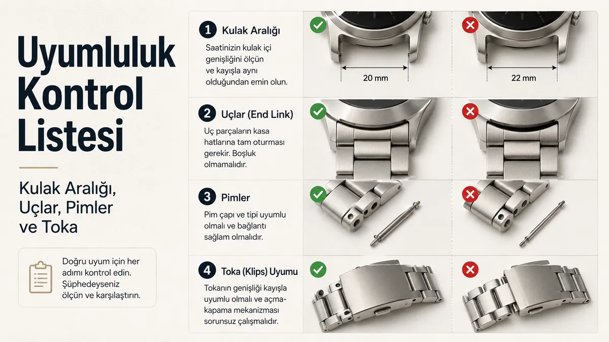 Kasa kulak aralığı, uç bağlantılar, pimler ve toka uyumu için metal saat kordonu kontrolü
