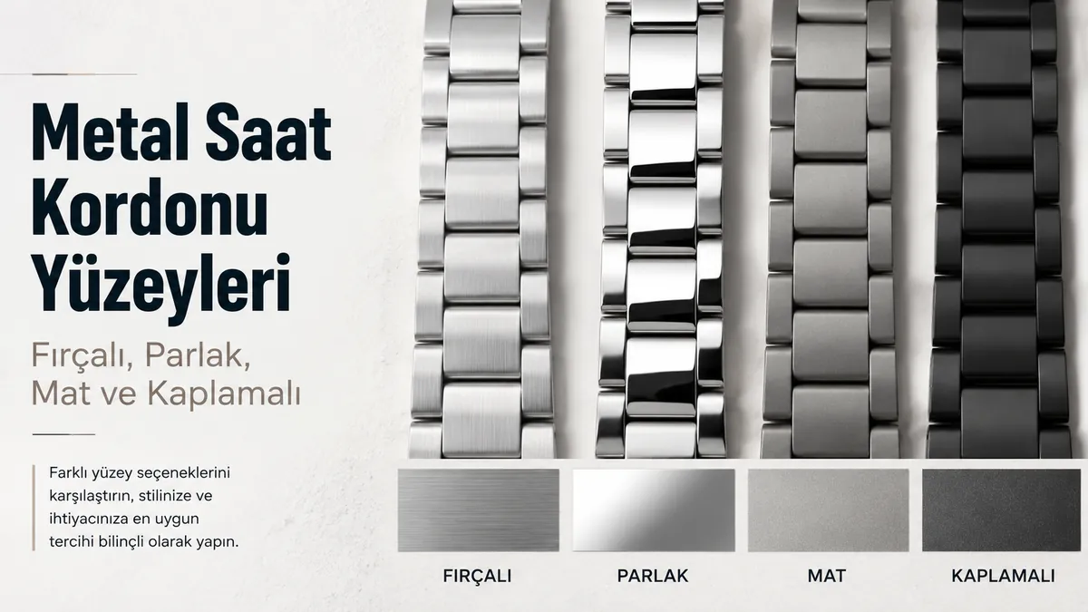 Fırçalı, parlak, mat ve kaplamalı yüzeylere sahip metal saat kordonları